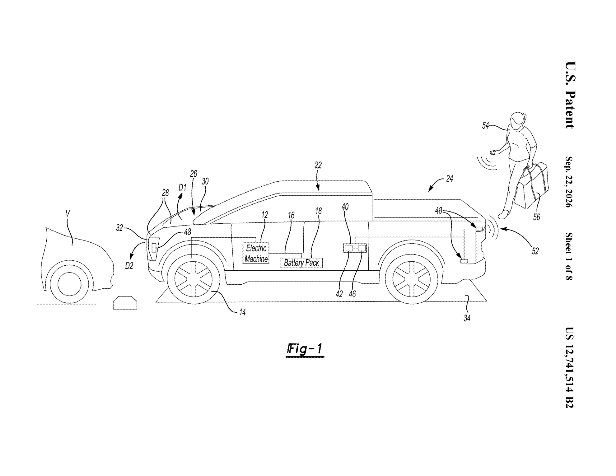 Patent FIG. 1 showing the pickup electronic systems, nearby vehicle and approaching owner