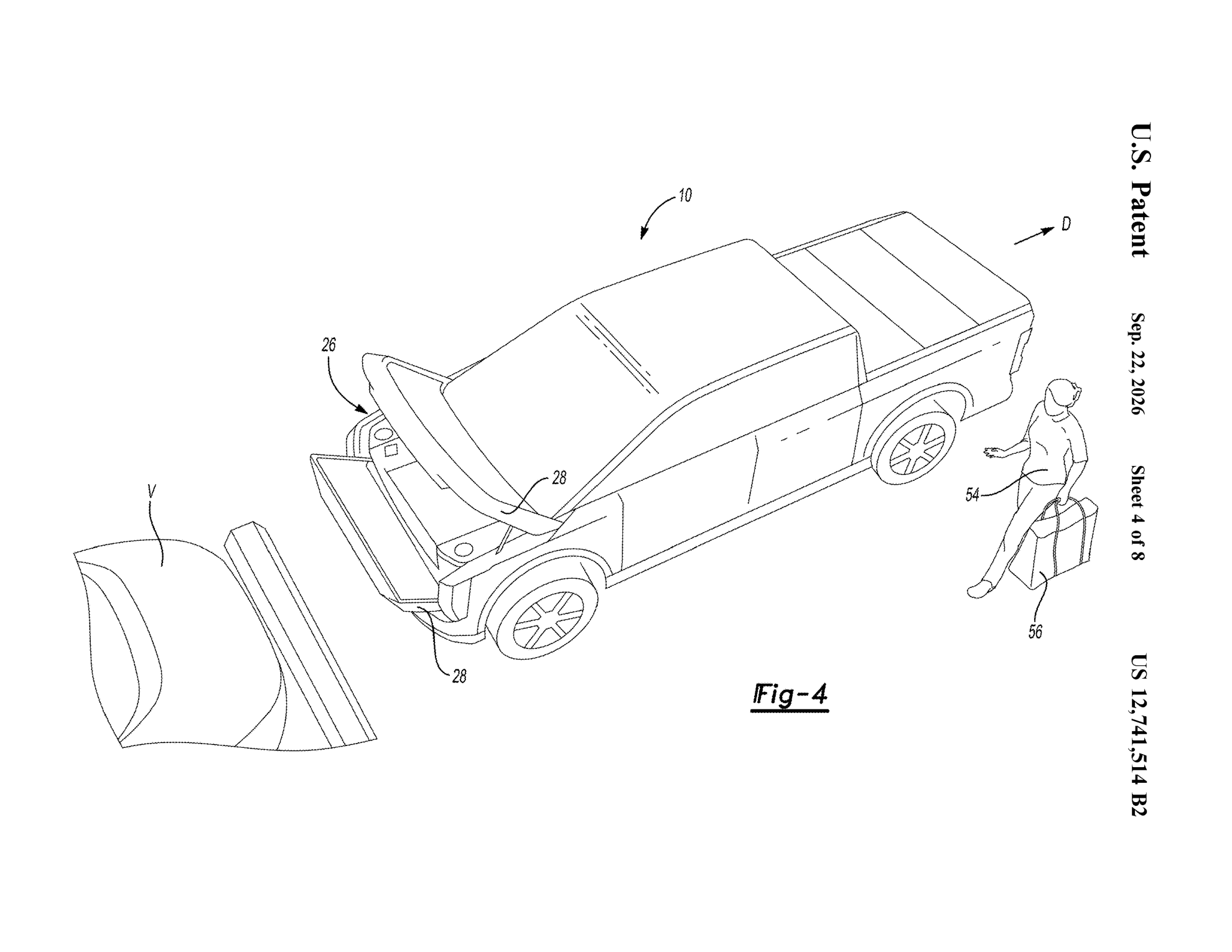Patent FIG. 4 showing the pickup moved forward with its front cargo compartment open