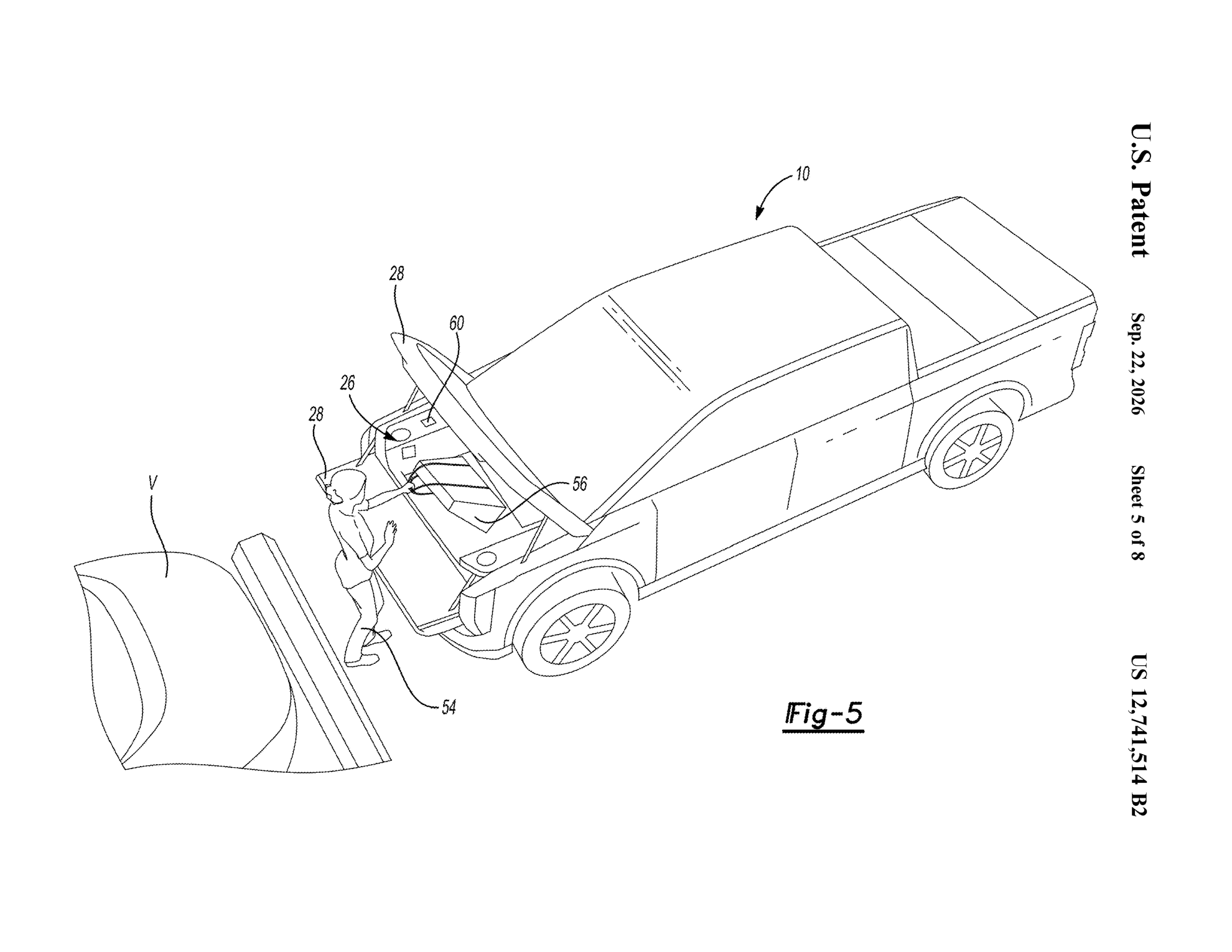 Patent FIG. 5 showing the owner accessing the open front trunk