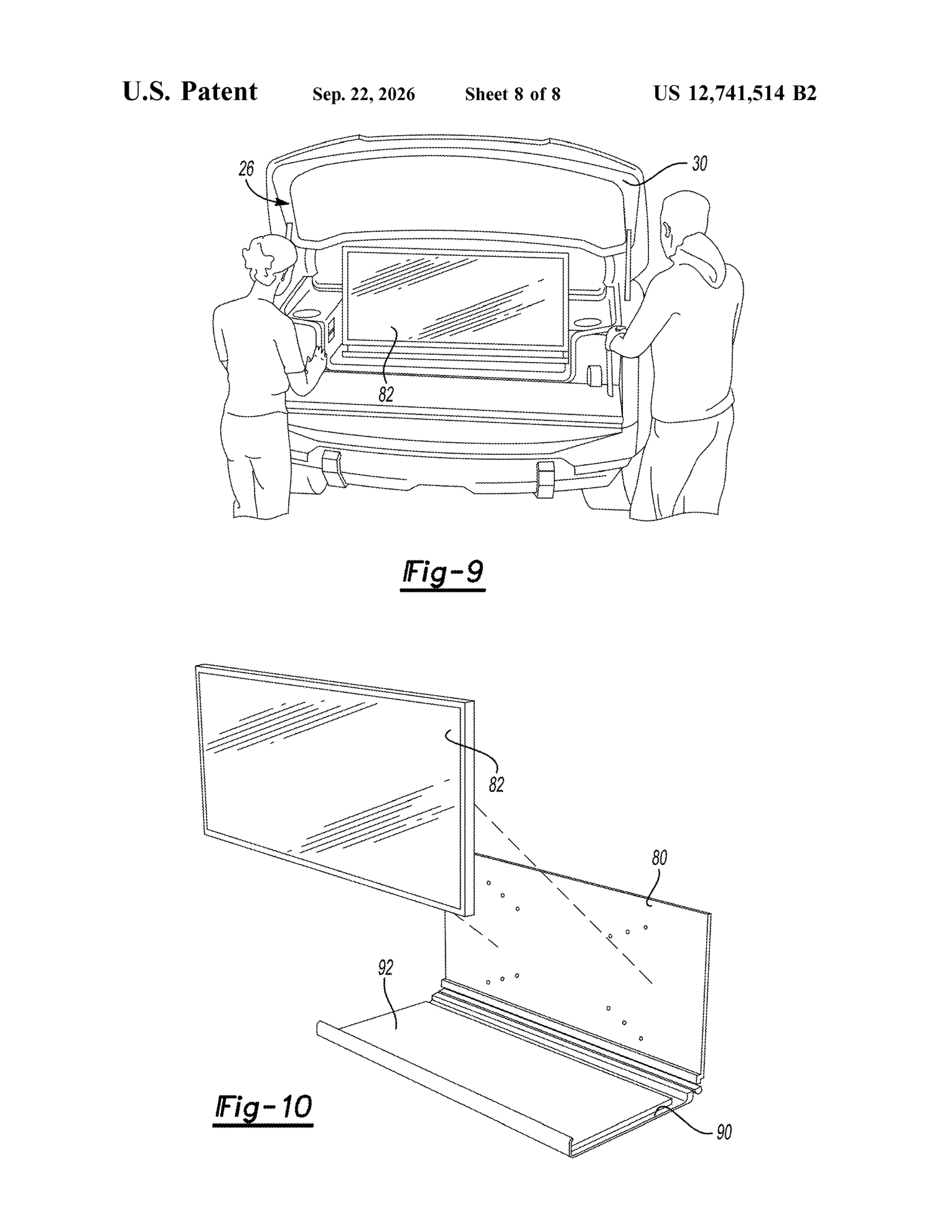 Patent FIG. 9 and FIG. 10 showing two people loading a large item and the cargo arrangement