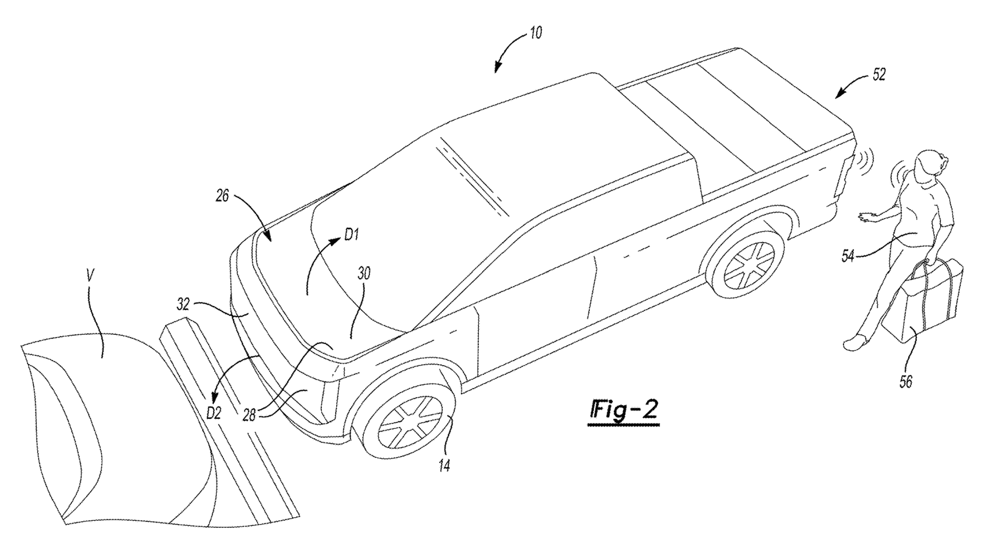 Ford patent drawing of an electric pickup creating clearance for access to its front trunk