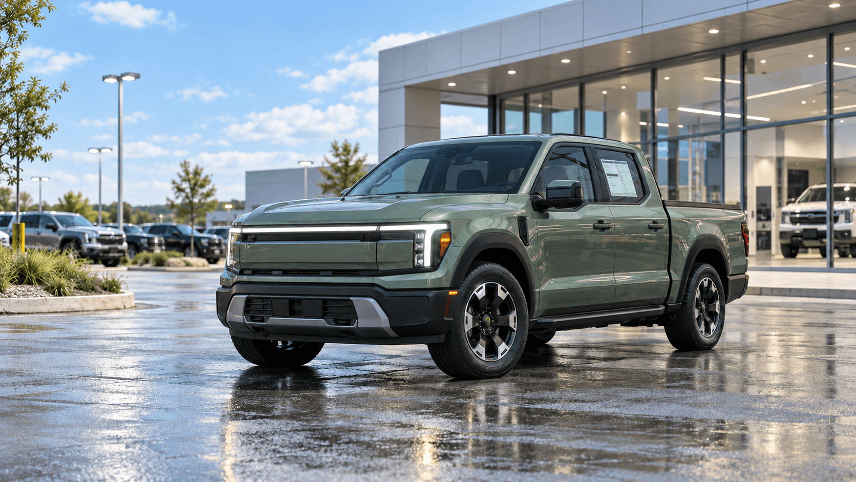 Compact electric pickup outside a dealership at dusk