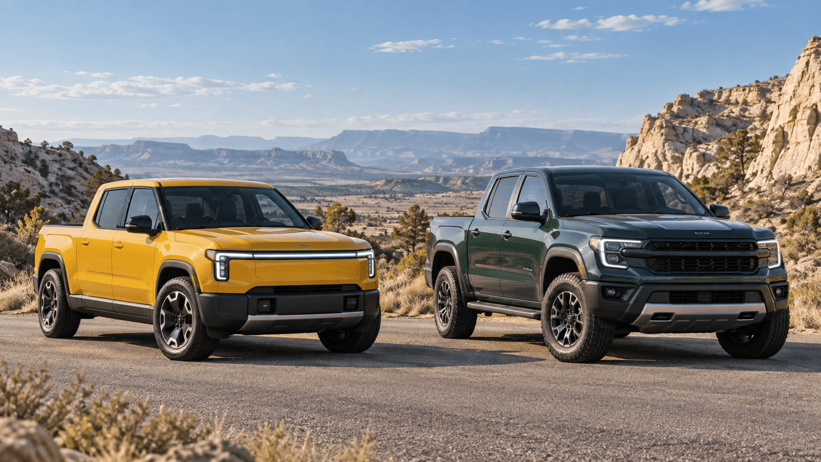 Compact electric pickup and larger midsize pickup compared on a desert road