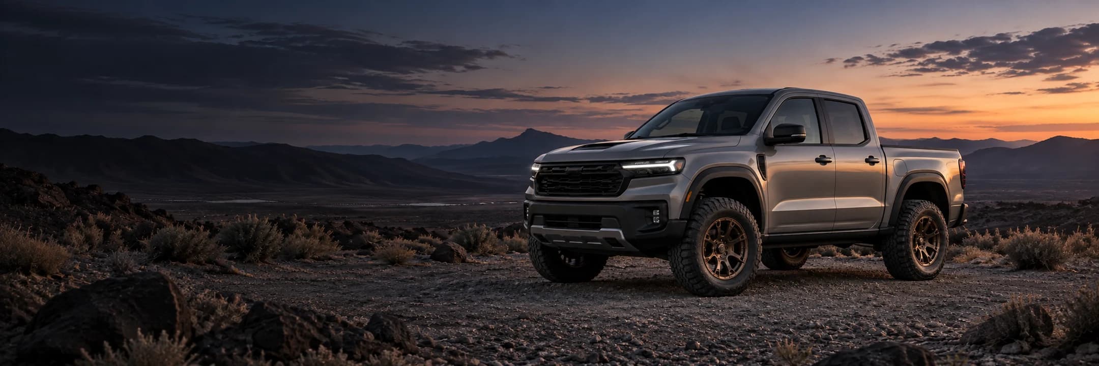 Ford Fathom electric pickup in a rugged landscape