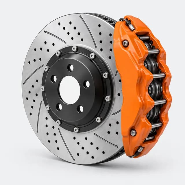 Brake rotor with an orange caliper