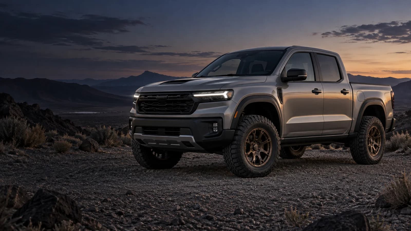 Concept customized pickup on rugged desert terrain