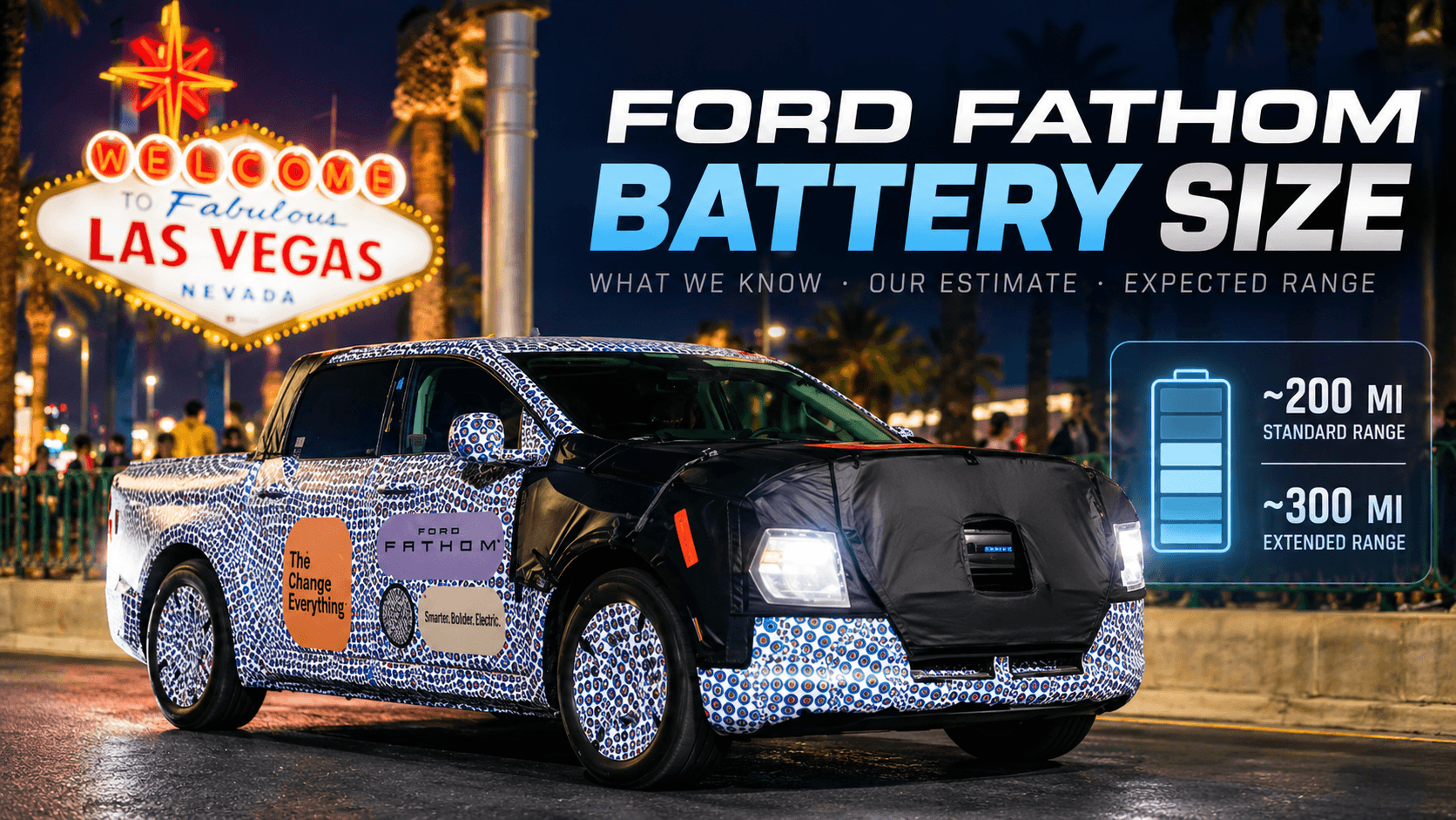 Ford Fathom prototype in Las Vegas with estimated standard and extended battery ranges