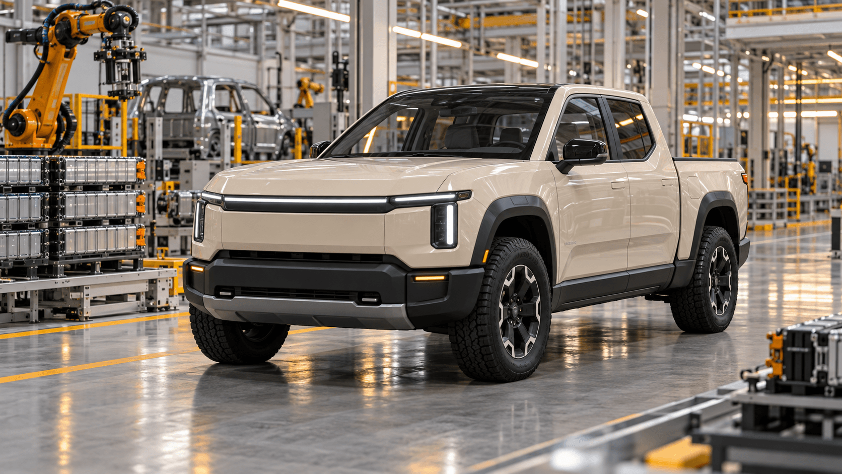Compact electric pickup prototype inside a modern vehicle factory