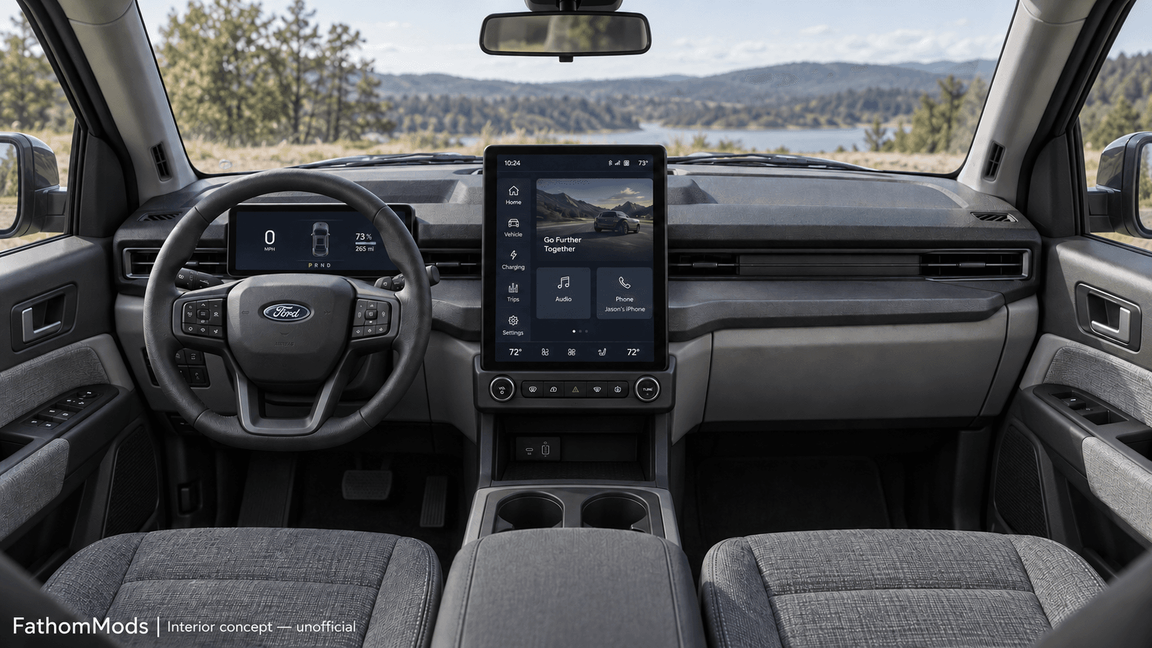 Ford Fathom interior concept by FathomMods showing a portrait touchscreen and practical dashboard layout
