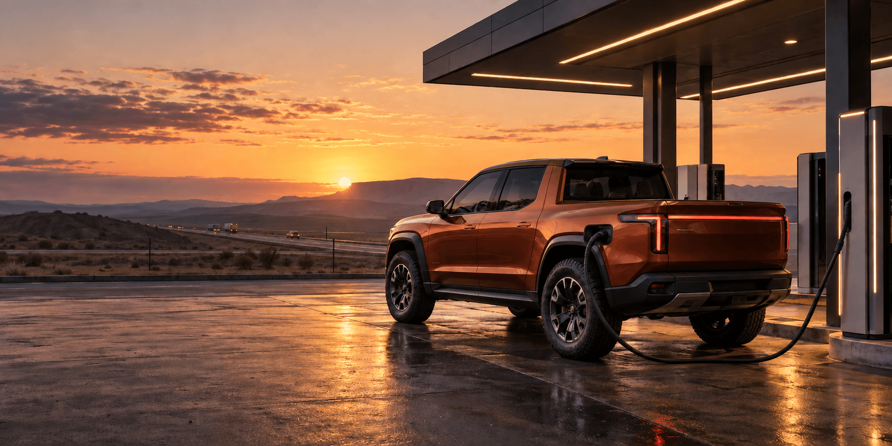 Compact electric pickup charging at a highway fast-charging station