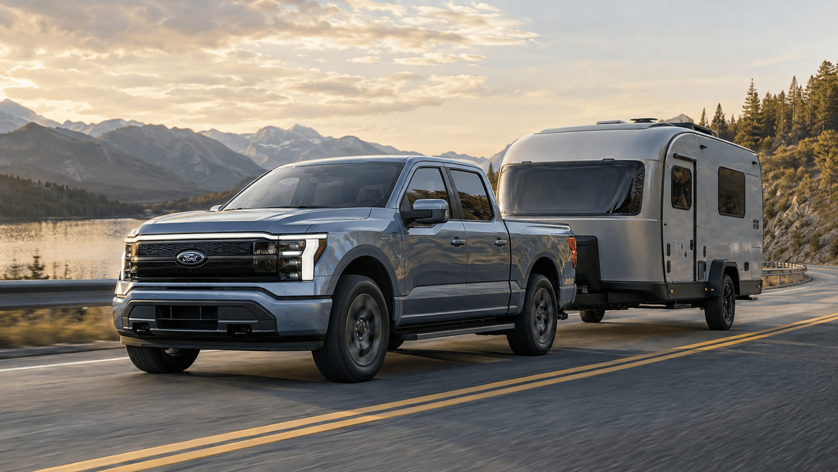 Unofficial rendering of a Ford Fathom electric pickup towing a small travel trailer