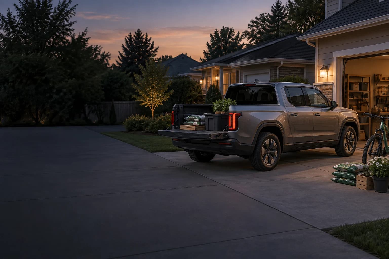 Conceptual compact electric pickup parked in a suburban driveway after a weekend project