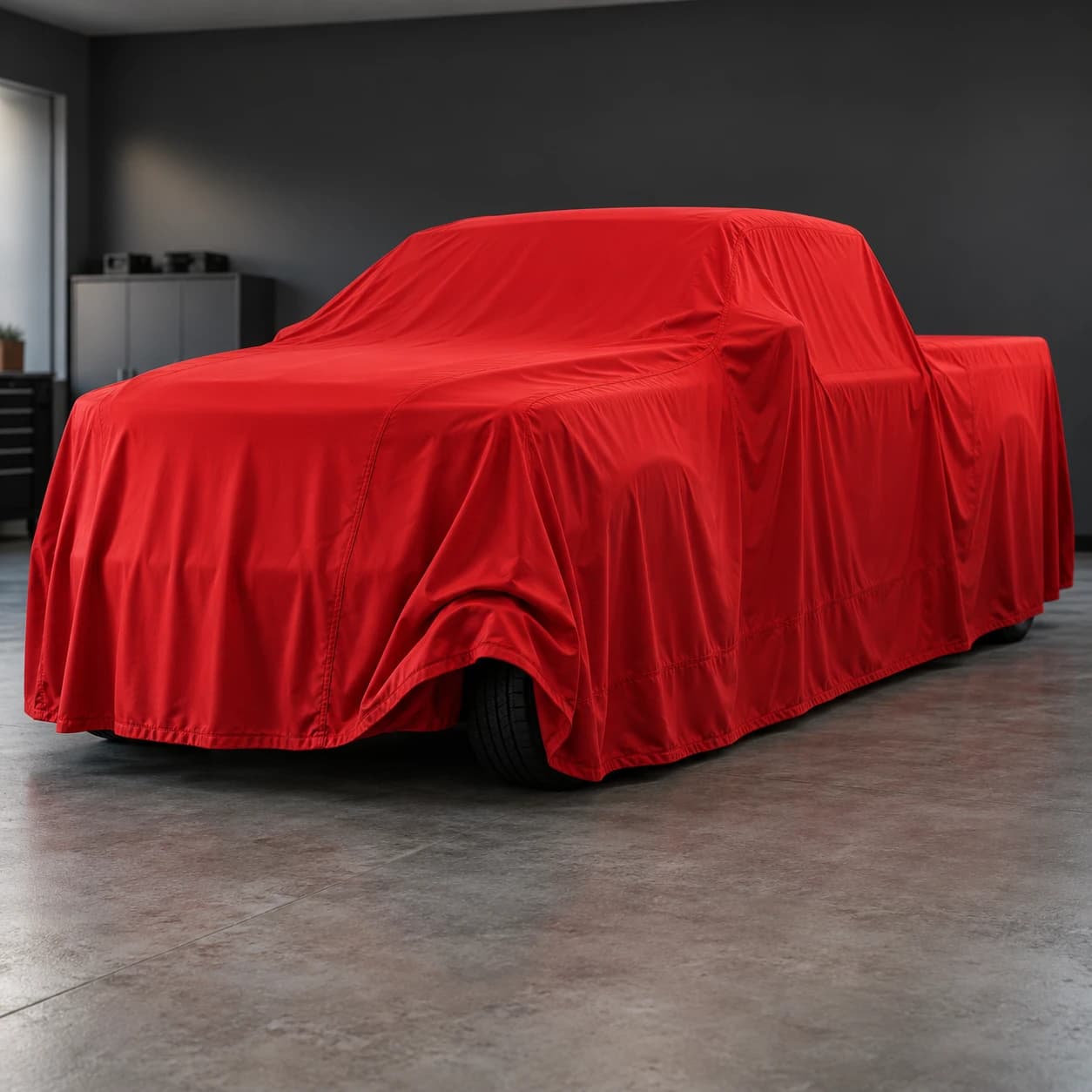 Ford Fathom Indoor Car Cover - Red Red FathomMods indoor car cover over a pickup in a garage, with one front corner slightly lifted