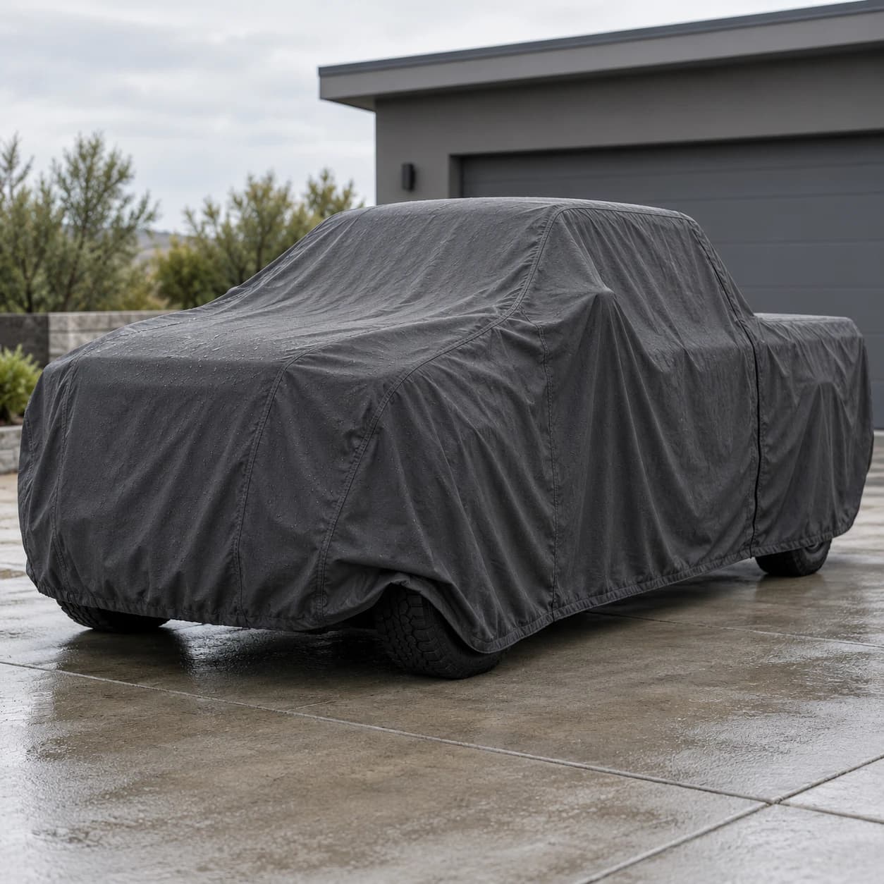 Ford Fathom Outdoor Car Cover - Charcoal Dark charcoal FathomMods outdoor car cover over a pickup on a driveway, with one front corner slightly lifted